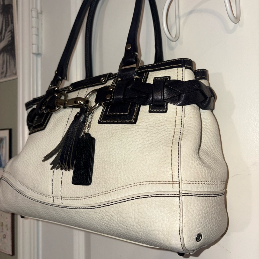 Coach Hampton Braided Leather Satchel F13084 Cream & Black - Picture 2 of 16